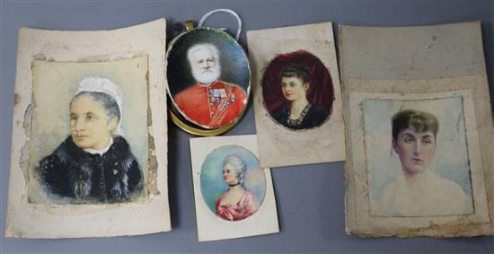 A group of five unframed miniature portraits,